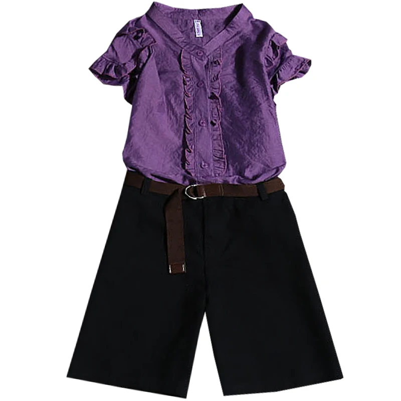 

2020 summer new women shorts suits purple ruffles button solid shirts and high waist knee-length shorts office lady elegant suit
