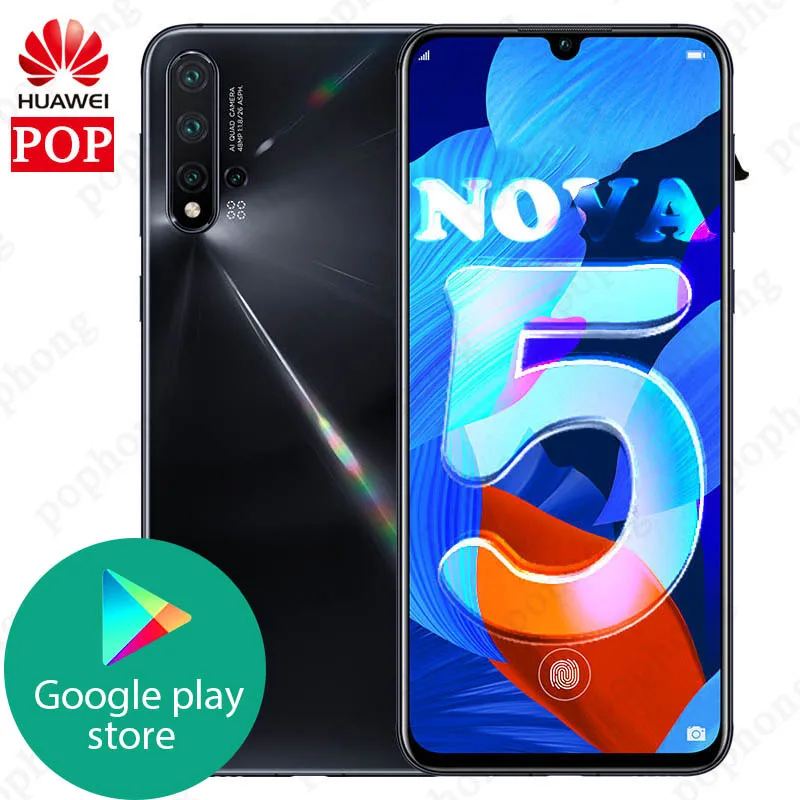 6,39 дюймов,, HuaWei Nova 5, мобильный телефон Kirin 810, четыре ядра, 8 ГБ, 128 ГБ, Android 9,0, экран, отпечаток пальца, 3500 мАч, Google play