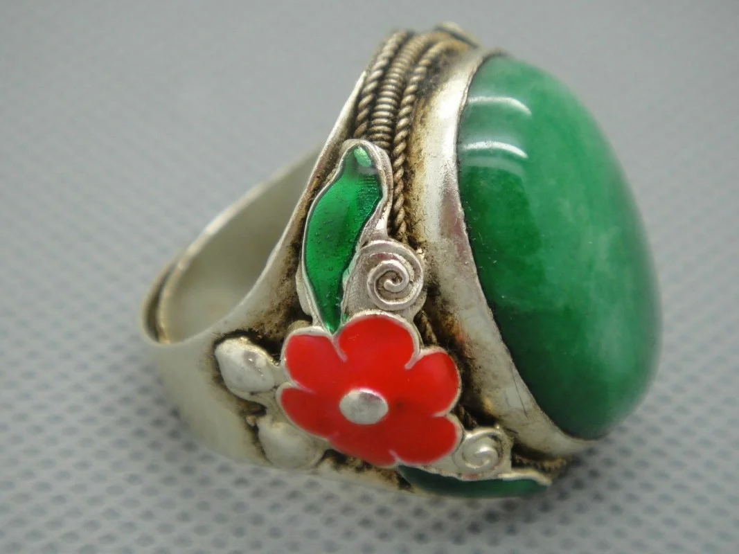 

Collectible Chinese Inlay Green Jade Old Tibet Silver Cloisonne Flower Ring for Women Men Fashion Accessories C1