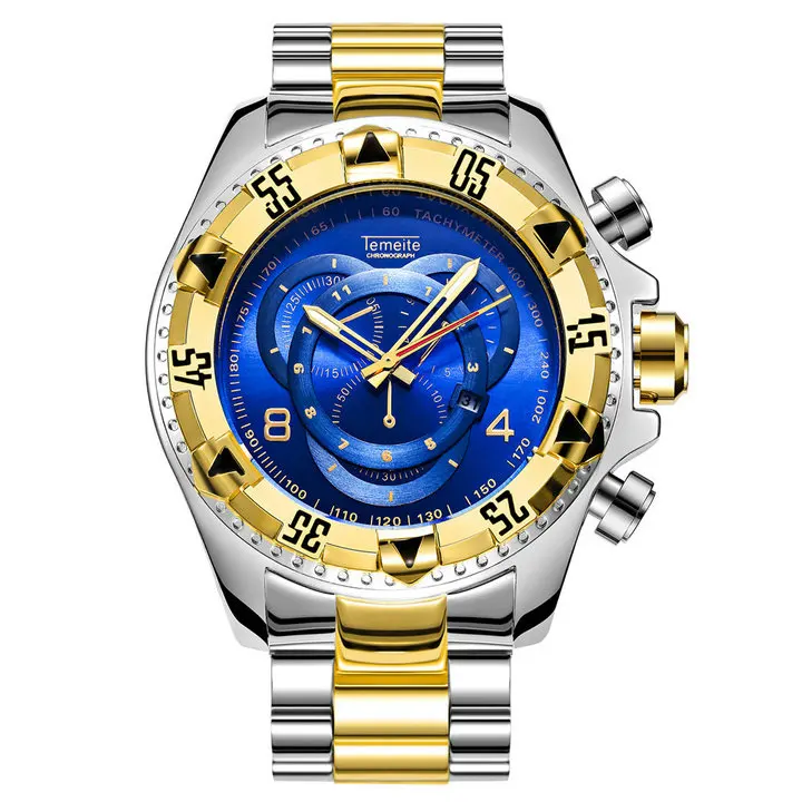 BLUE TEMEITE модные негабаритные кварцевые часы мужские военные мужские s часы лучший бренд класса люкс стальной ремешок дисплей с датой аналоговый синий наручные часы - Цвет: BLUE