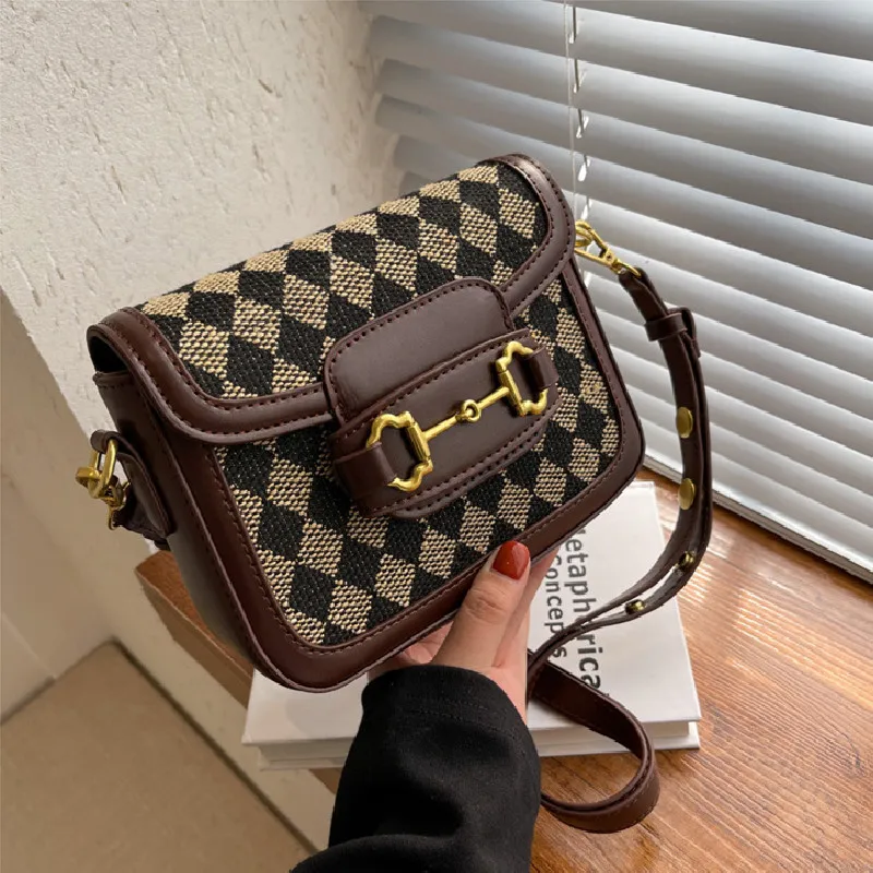 

Vintage Houndstooth Designer Bag for Women PU Leather Shoulder Bags Brown Square Fashion Satchels Female Crossbody Tote Purses