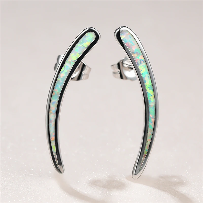 

Simple Female White Opal Stone Earrings Charm Silver Color Small Stud Earrings Dainty Bride Geometry Wedding Earrings For Women