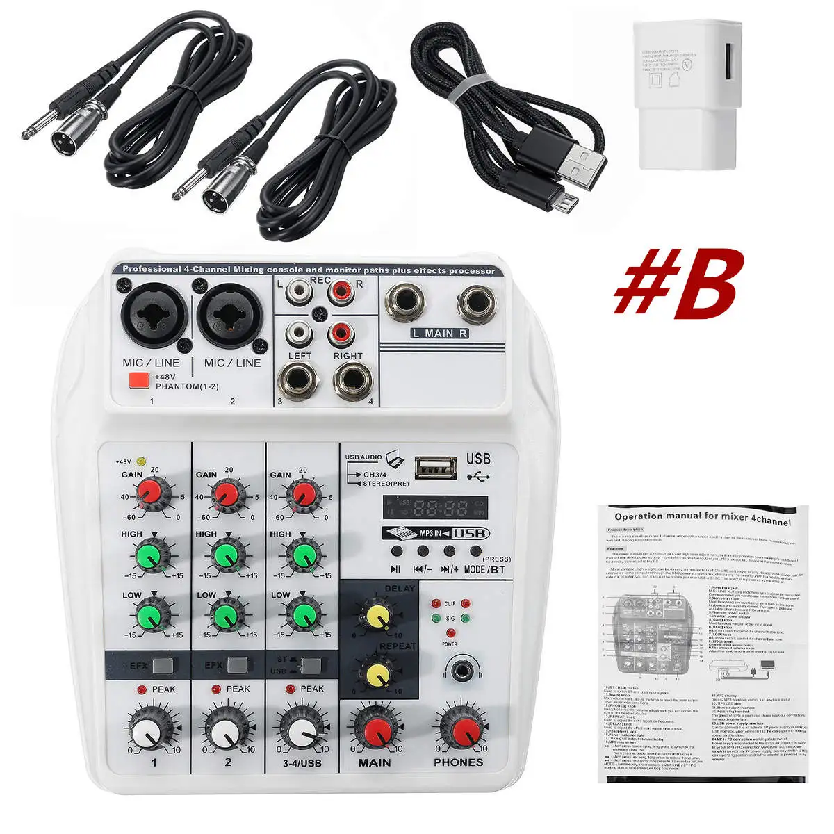 4 Channel bluetooth Sound Mixing Console Record 48V Phantom Power Monitor Professional USB Audio Mixer for Home KTV Studio