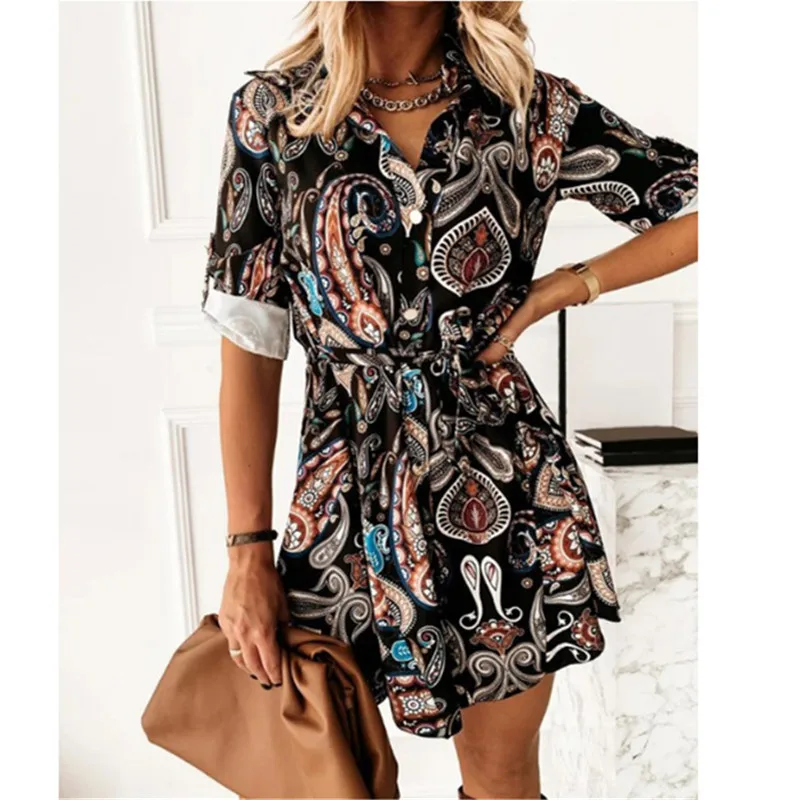 

Autumn Women's Retro V-Neck Print Leopard Print Lace-up Mini Dress Casual Slim Shirt Button Dresses 2021 Female Elegant Veseido