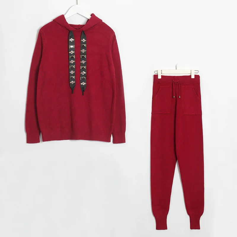 Wine Red Wixra, женский свитер, костюмы и комплект, Повседневный свитер с капюшоном, вязанные длинные штаны, 2 шт., комплекты одежды, спортивные костюмы, брюки+ джемперы - Цвет: Wine Red