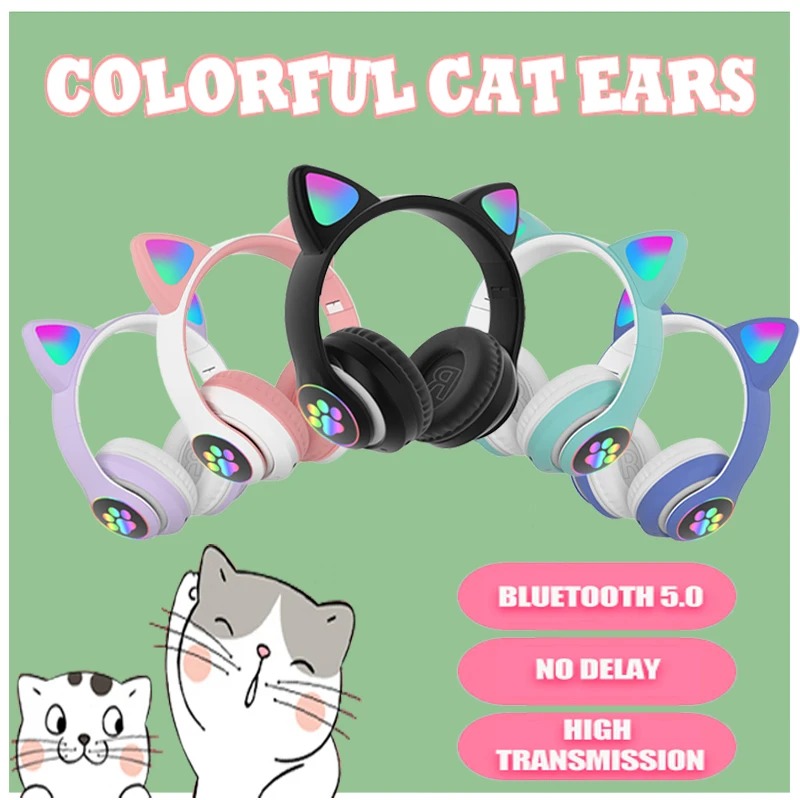 

Wireless Bluetooth Headphones with Colorful Lovely Cat Ears Neon Lights Long Battery Life Game Headset Hifi Stereo Music Earbuds