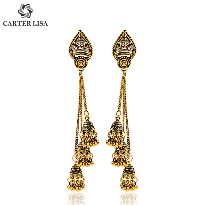 CARTER LISA этнические антикварные длинные золотые Jhumkas цыганские колокольчики Бохо