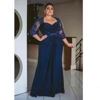 elegant navy blue chiffon mother of the bride groom dress with 34 sleeve floor length formal evening prom dresses for women