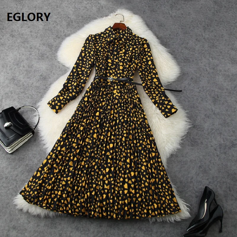 

New 2021 Spring Summer Hot Sale Dress High Quality Women Turn-down Collar Sweetheart Print Belt Deco Long Sleeve Pleated Dress