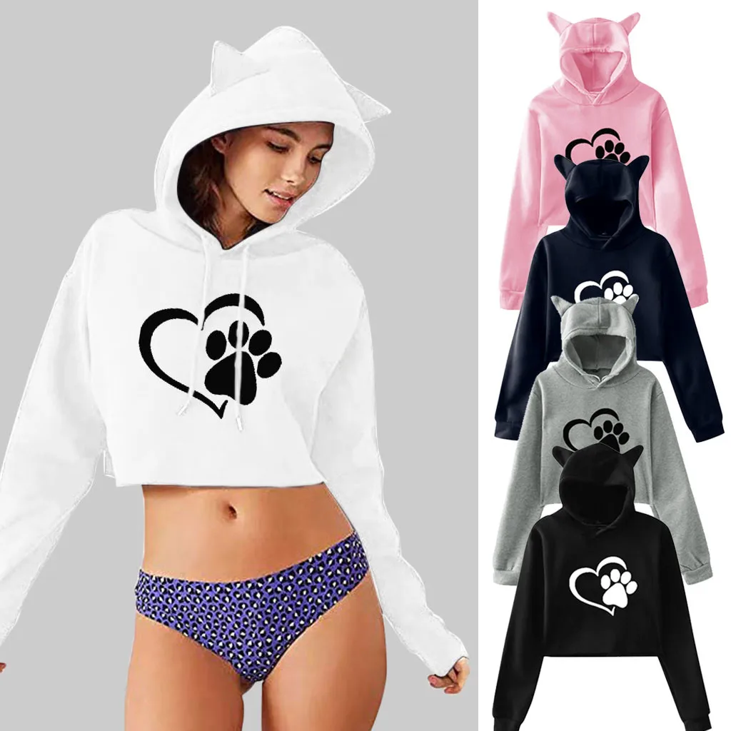 Милые свитшоты с кошачьими ушками женские короткие толстовки sudadera осенние женские пушистые шляпы с капюшоном пуловер Черный Белый kpop