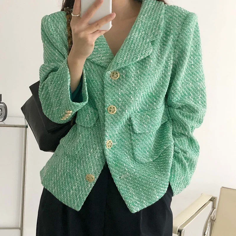 

Vintage Tweed Blazer Jacket For Women Autumn Winter High Street Elegant Chic Single Breasted Suit Jacket Ladies Office Outwear