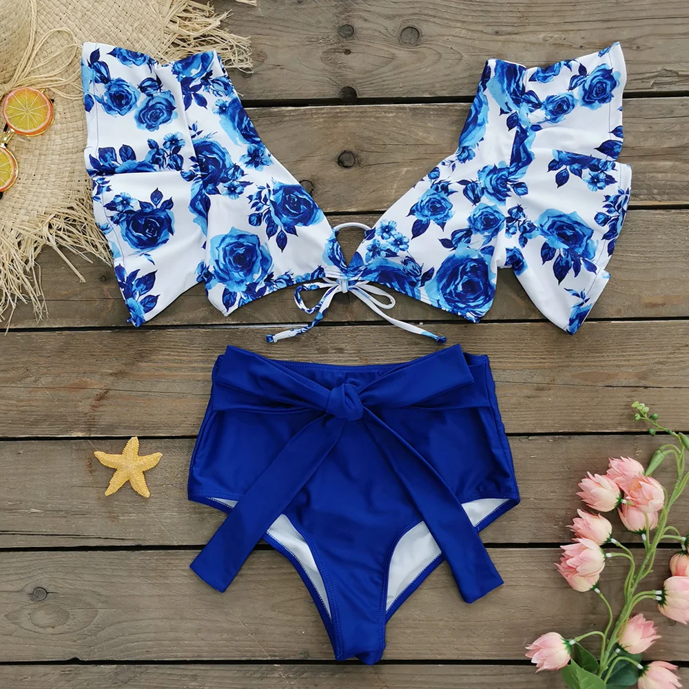 

Padded Set mujer Bikinis Waisted Ruffle High Pattern Suit Swimsuit String Bathing trajes Swimwear Blue baño Bikin de Belt