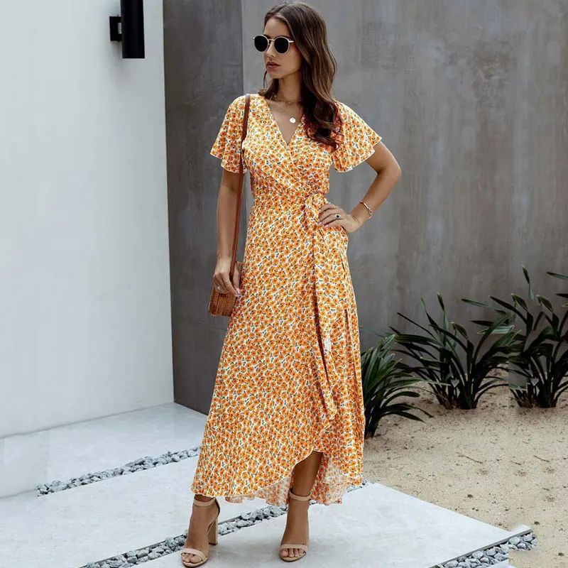 Женское платье макси в горошек с V-образным вырезом | Женская одежда