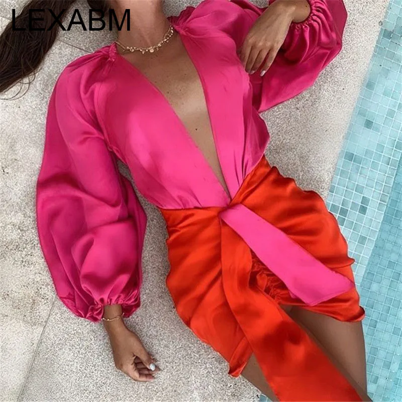 

Deep V Neck Skirt Suit Satin Two Piece Set Women Lanter Sleeve Top Mini Skirt Patchwork Sets Vestidos Partyclub 2021 Spring