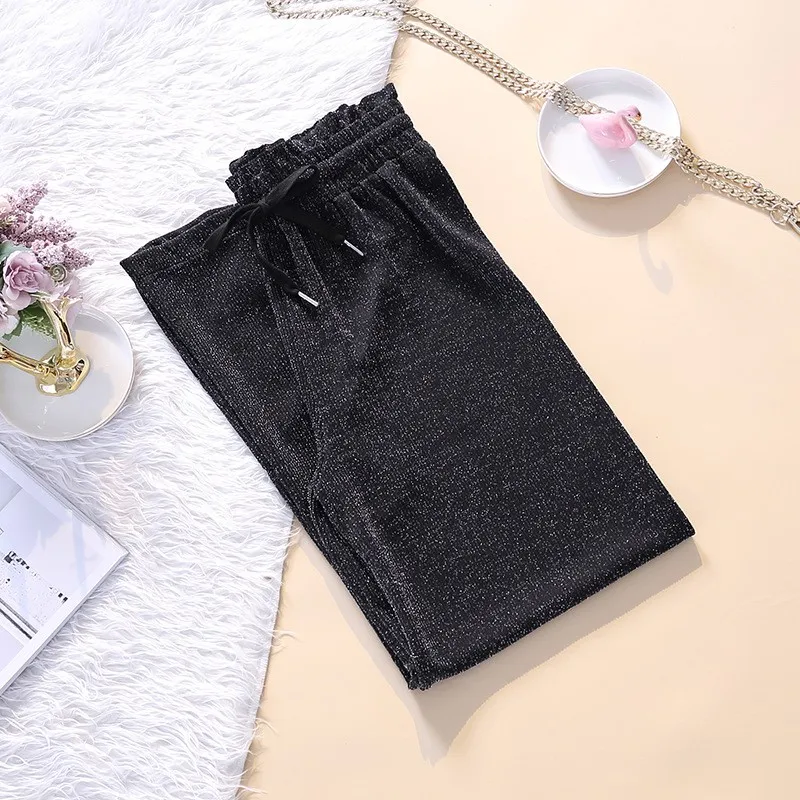 Casual Womens Summer New Glitter Falling Wide Leg Pants High Waist Drawstring Thin Loose Korean Full Length Trousers Plus Size | Женская