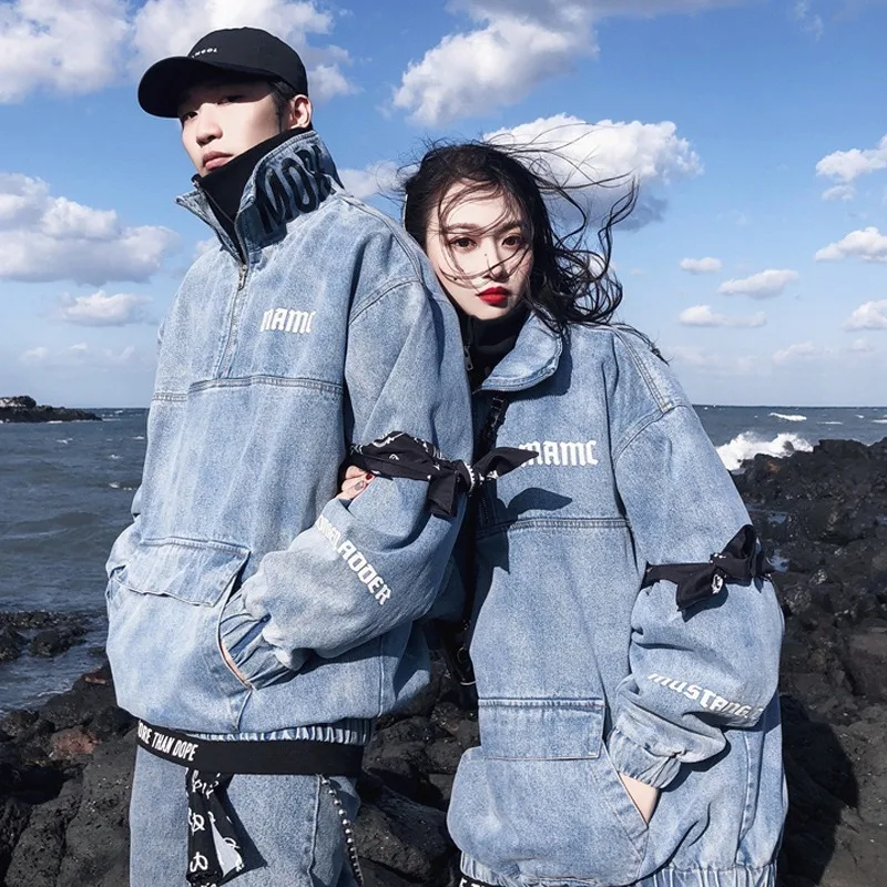 

Fake Two Jackets New Printed Sleeves Cowboy Rush Clothes Couple Pack Hip Hop Big Size Blouse chaquetas mujer invierno 2018