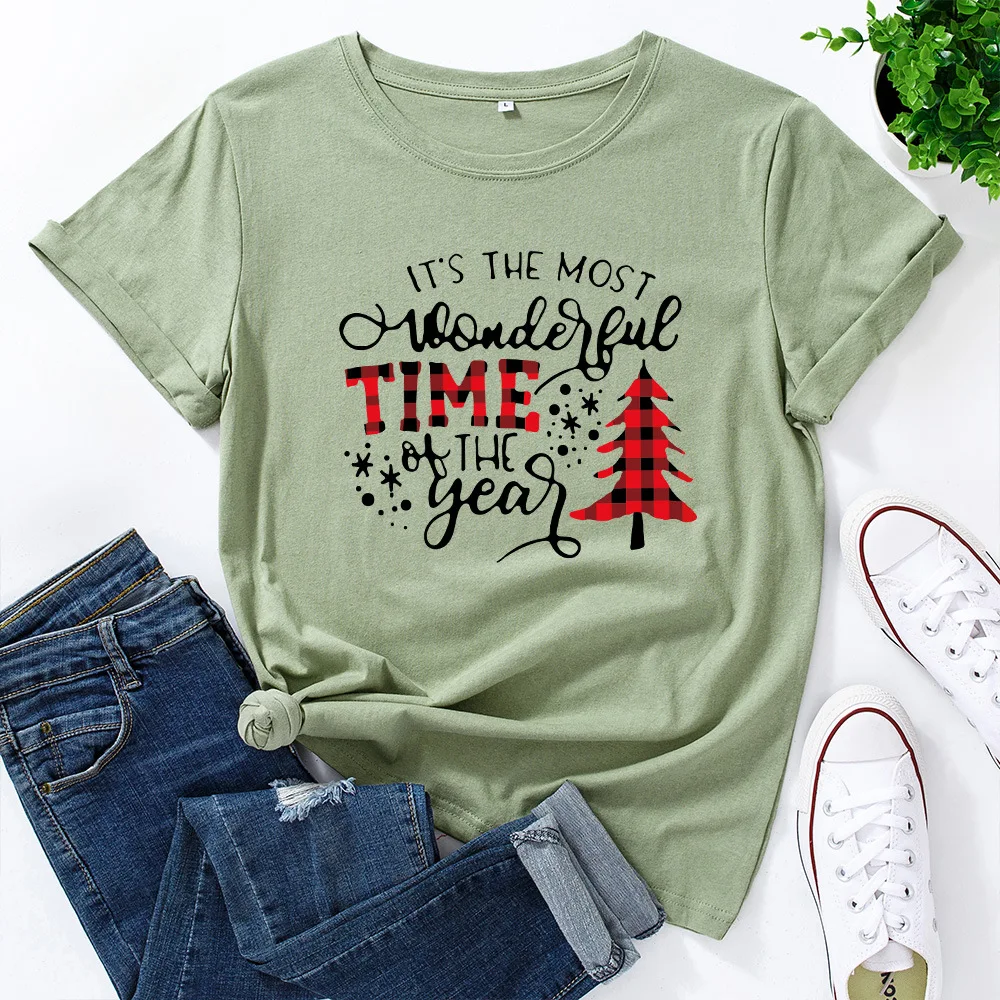

JFUNCY 100% Cotton Women's T-shirt Christmas Tree Print Graphic Tees Female T Shirt Women Tops Plus Size Short Sleeve Tshirt