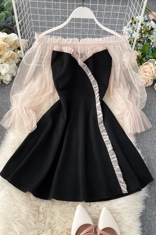 

2021 Summer Dresses Women Lady Elegant Slash Neck Black Dresses For Girls Party Night Mesh Puff Sleeve Sexy Off Shoulder Dress