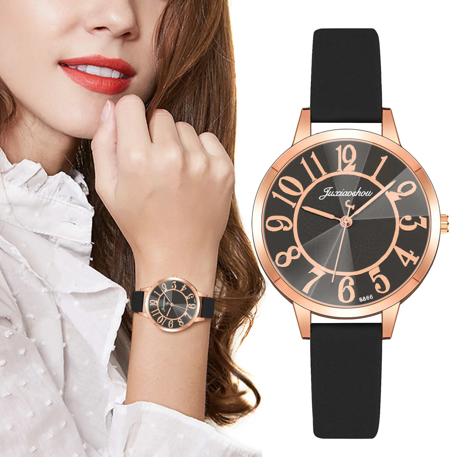 

Женские кварцевые часы с арабскими цифрами, круглые черные наручные часы с кожаным ремешком для легкого чтения, # fs, 2019