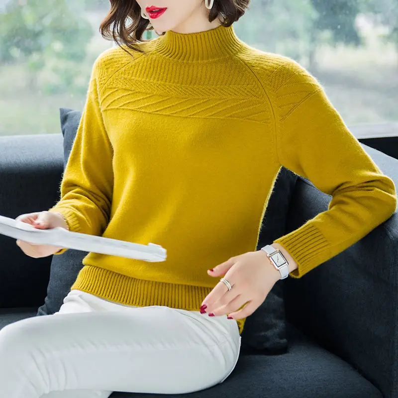 

Женский однотонный вязаный свитер, пуловеры, Эластичный теплый джемпер с высоким воротником, элегантный топ с длинным рукавом, новинка, мод...