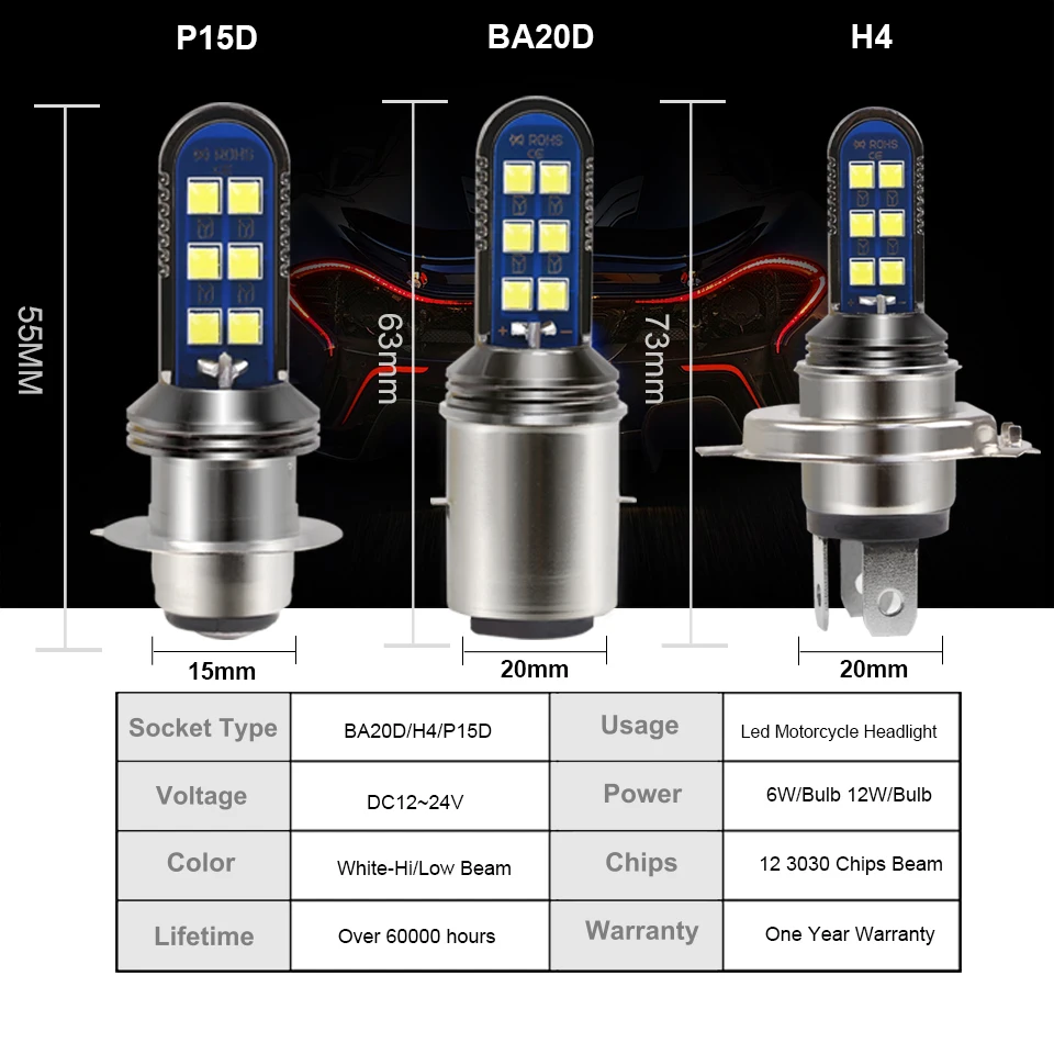 

ANMINGPU 1X Motorcycle Headlight Bulbs H4 Led Headlight For Motorcycle Hi/Low Beam H6 BA20D LED P15D 3030Chips 12V 24V 6000K