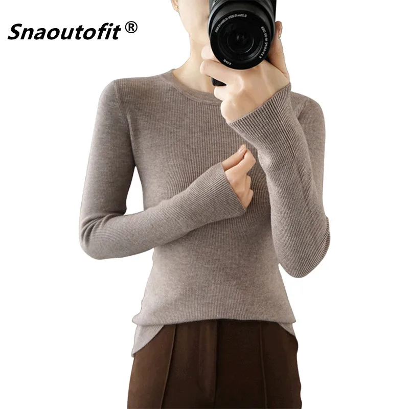 

Snaoutofit 2021 Spring Autumn New Bottoming Shirt Women's Long Sleeves With Slim Round Neck Short Thin Woolen Sweater Knitwear