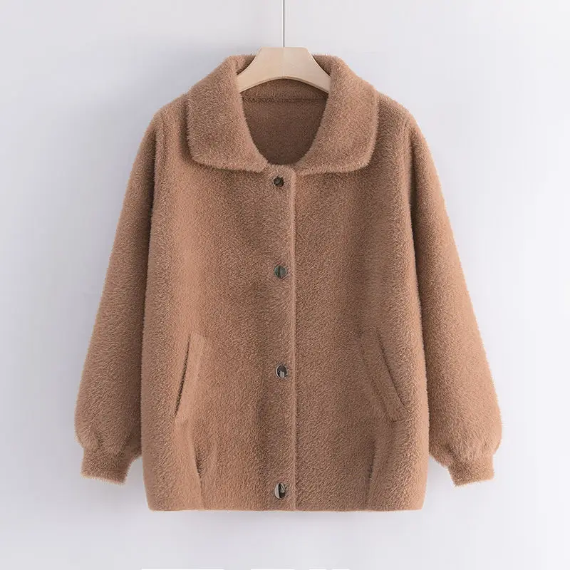 

Middle Aged and Old Women Warm Teddy Pocket Long Sleeves Slim Jacket Coats Female Single Breasted Faux Fur Blazers S01