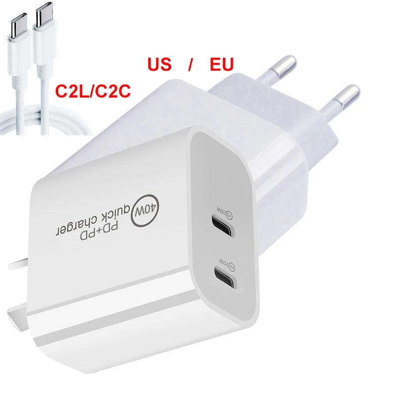 

Quick Charge Dual PD USB Type-C 40W QC 3.0 Fast Charger For iPhone 13 12 11 Pro Max X Xr iPad Universal
