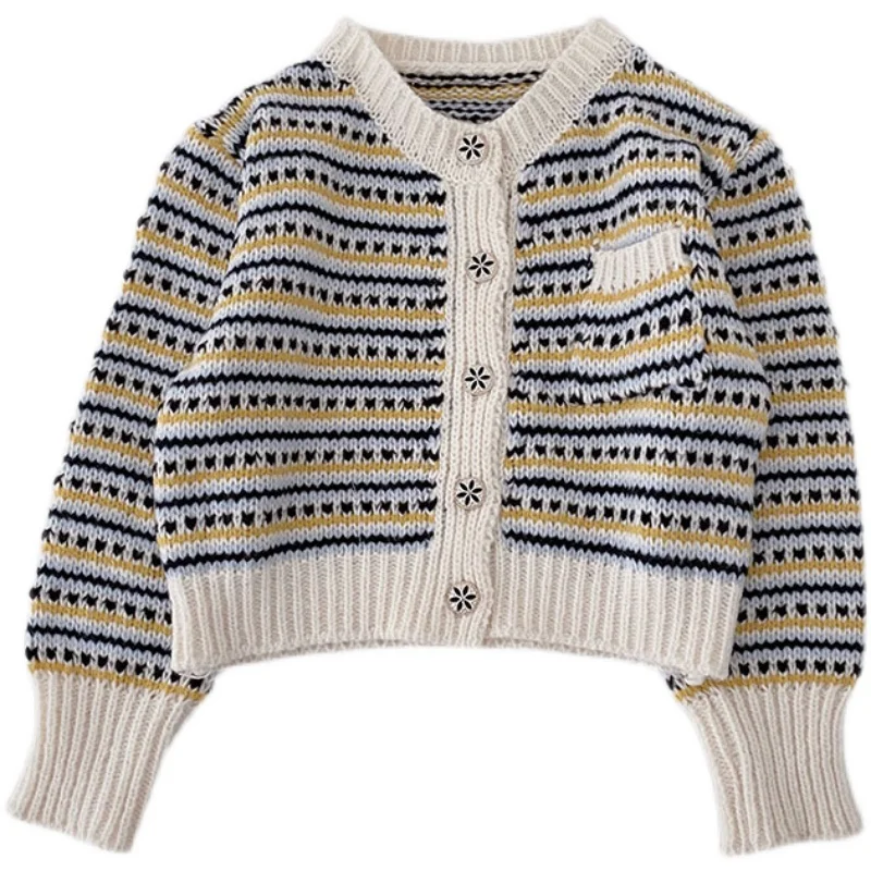 

Женский осенне-зимний короткий свитер в полоску с длинными рукавами