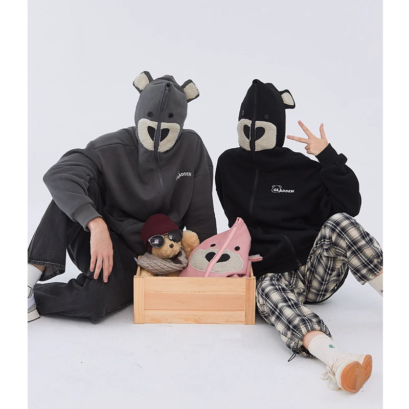 

Japanese Harajuku Cute Full Zip Over Face Bear Hoodies with Ears for Women and Men Embroidered Kawaii Oversized Fleece Hoody