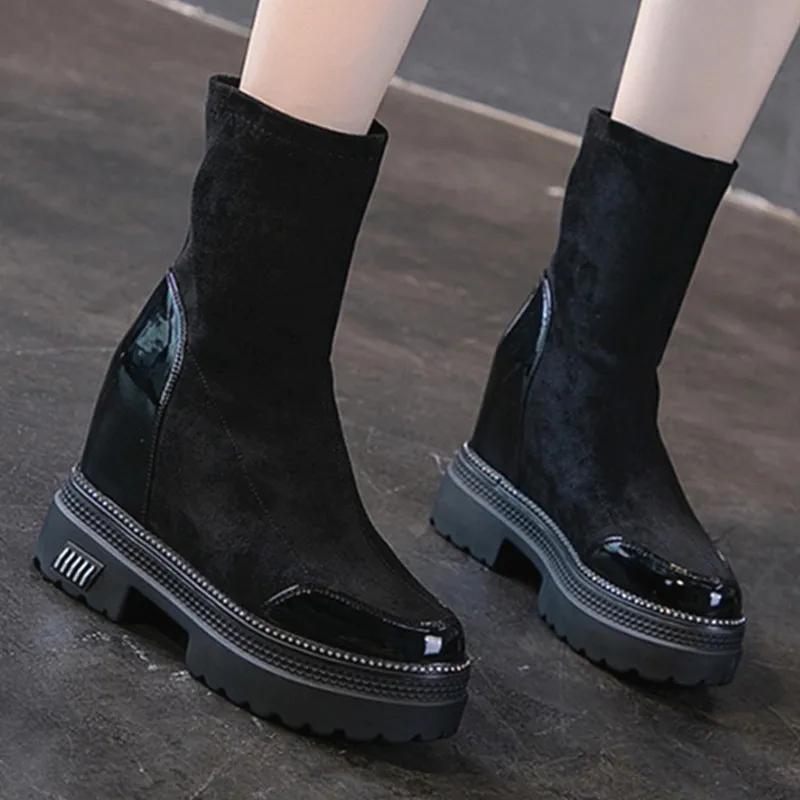Женские ботинки без шнуровки черные ботильоны из флока кожа со стразами Осень