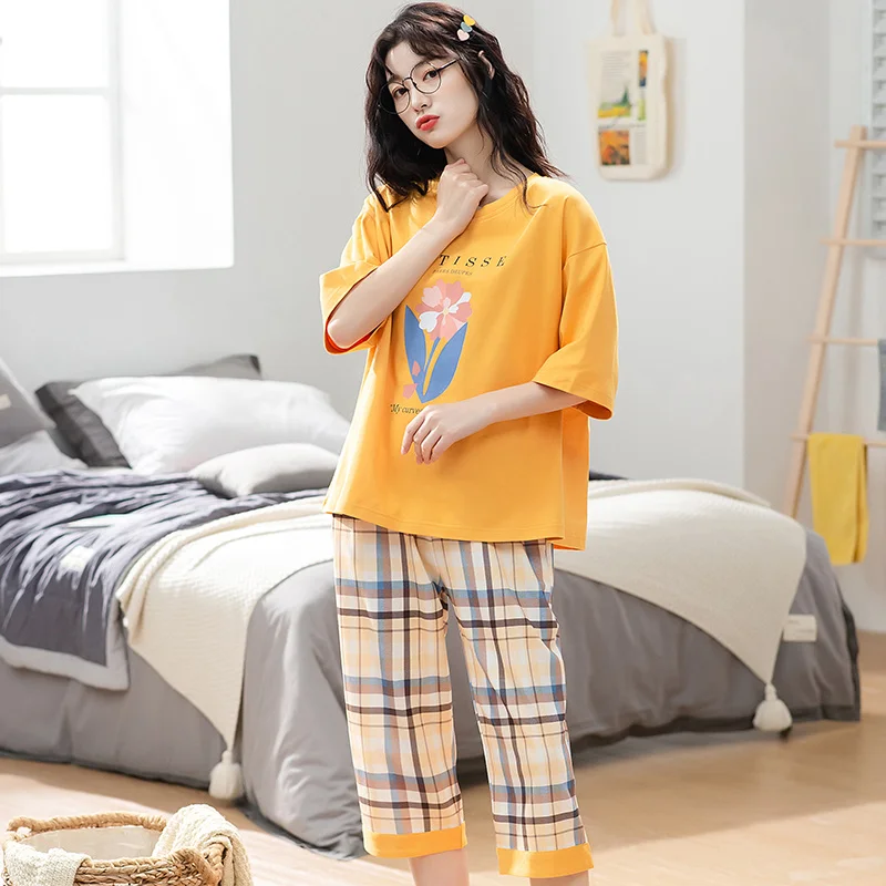 

Kawaii Little Floral Women Summer Short Sleeve Pajamas Cute Blue Plaid Female Homewear Loose Oversized 5XL Sleepwear