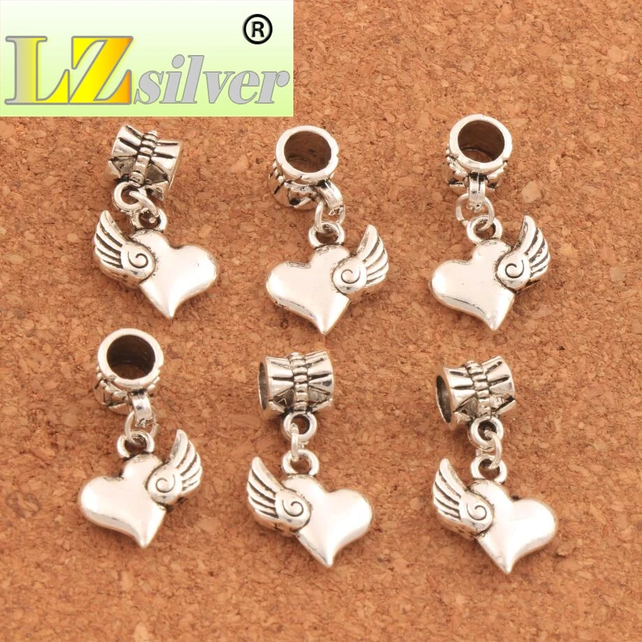 Swirl Wings Heart Charm Beads 13.7x25mm 100PCS zinc alloy Fit European Bracelets Jewelry DIY B905