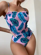 Bañador de una pieza con volantes para mujer, traje de baño con estampado de hojas, Monokini, Sexy, arrugado, novedad de 2021 (4)