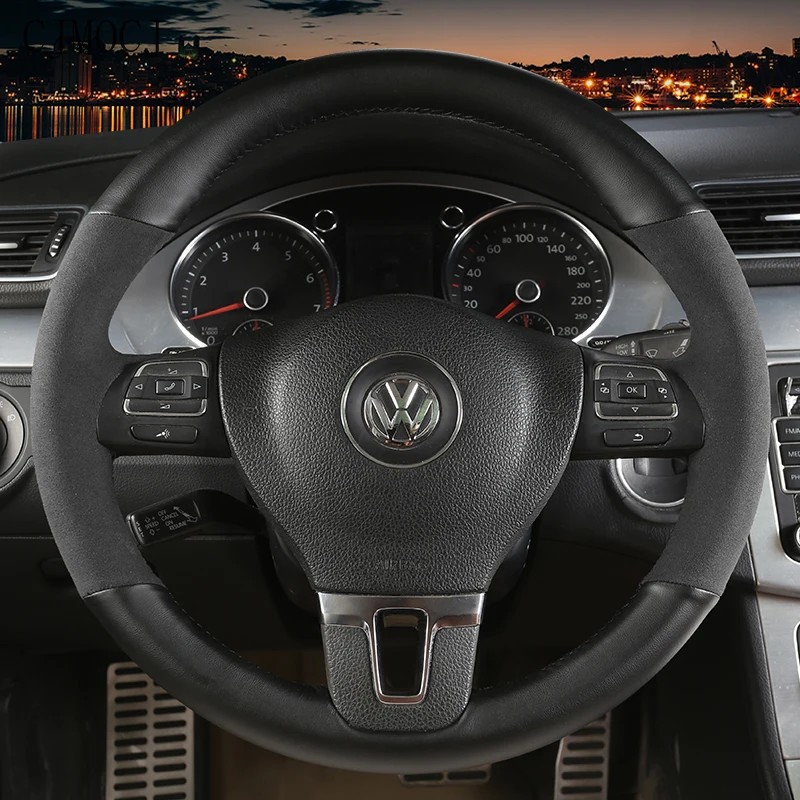 

For Volkswagen Magotan B8 B6 High-quality DIY Hand-stitched Leather Black Suede Steering Wheel Cover Interior Car Accessories