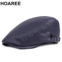 hoaree winter hat pu leather dark blue mens beret retro casual warm autumn winter male solid 2022 new adjustable flat cap