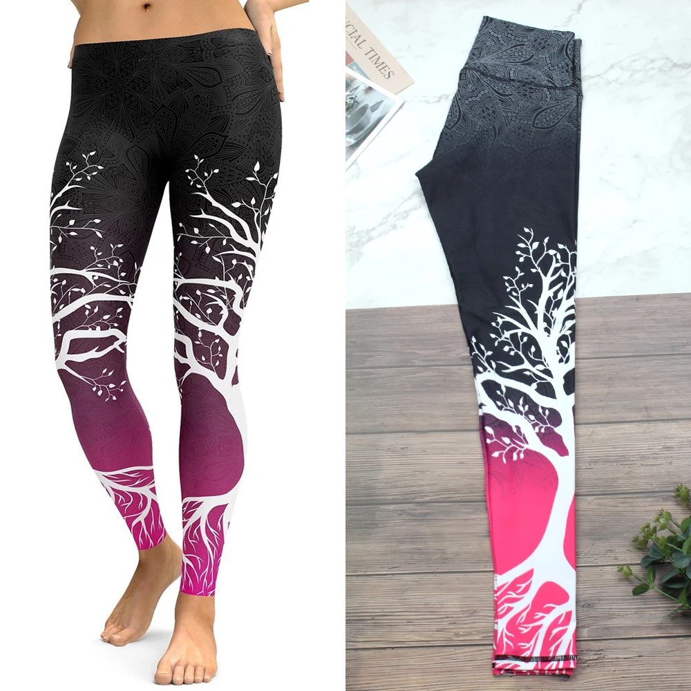 

Женские розовые флуоресцентные Леггинсы для йоги, белые штаны для йоги с принтом ветвей, черные тренировочные строгие