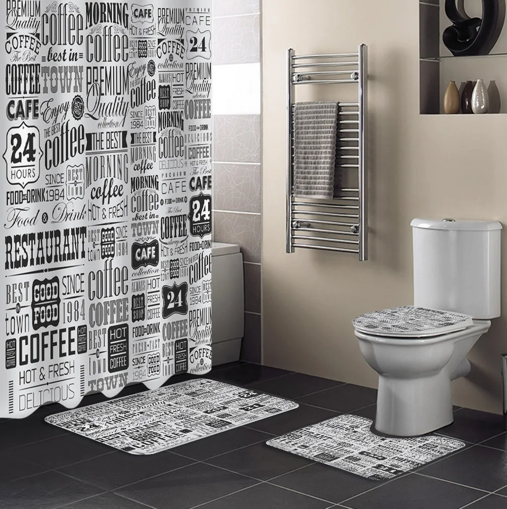 Vintage Text Coffee Shower Curtain Sets Non-Slip Rugs Toilet Lid Cover and Bath Mat Waterproof Bathroom Curtains | Дом и сад