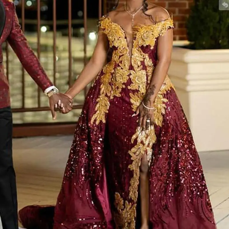 Split Side Prom Dresses Off Shoulder Gold Lace Appliques Major Beading Sequins Shiny Overskirt Evening Dress African Plus Size