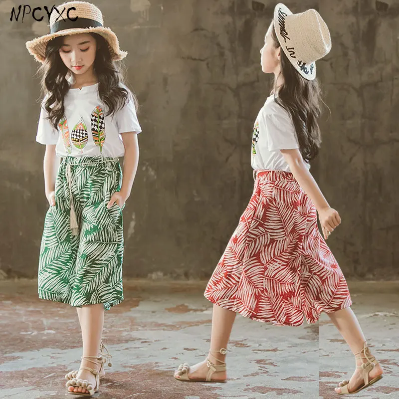 Фото Летняя одежда для девочек детская футболка + укороченные брюки 2 шт. детский топ