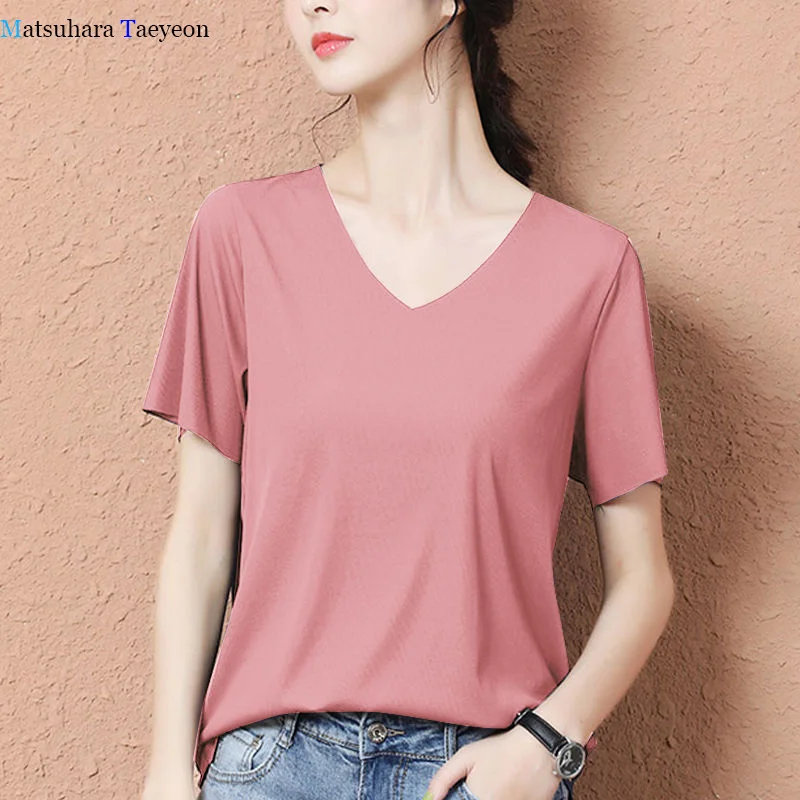 

Summer Woman Tshirts Fashion Casual Harajuku Tops Women 2020 Solid Color Slim Ice Silk Short Sleeve T Shirt Woman