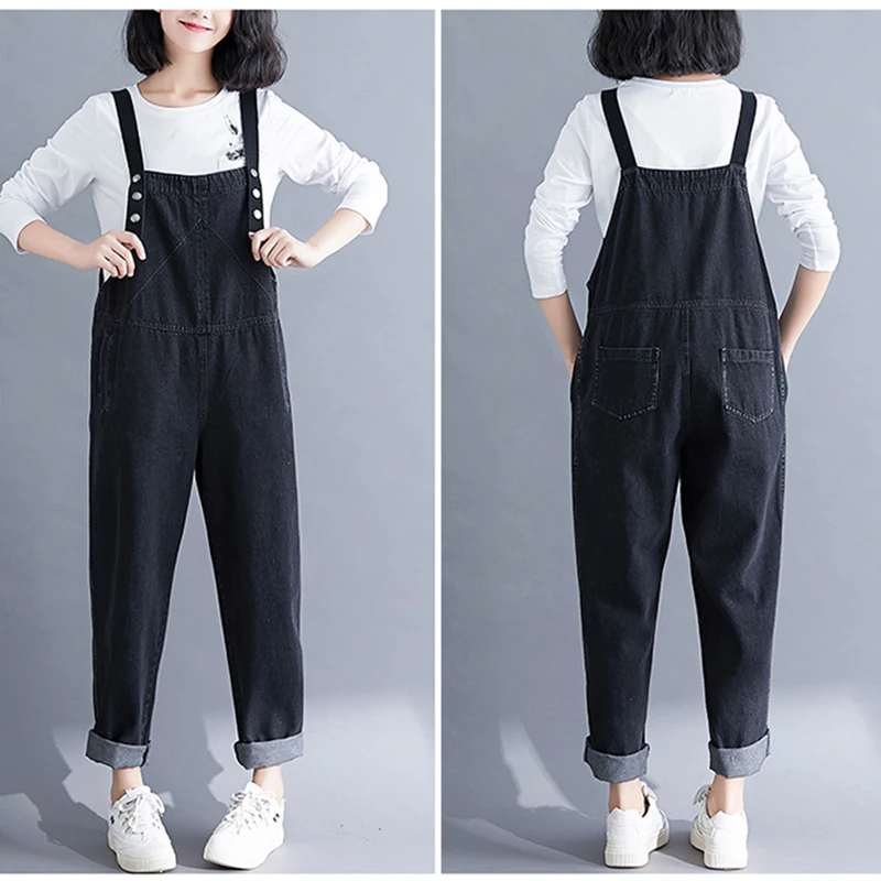 Women Loose Casual Jumpsuits Large Size Cotton Denim Overalls for Rompers Vintage Black Wide Leg | Женская одежда