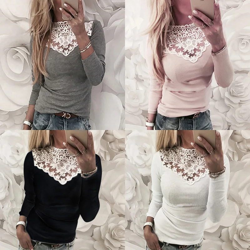 

Womens Warm Long Sleeve Shirts 2021 Spring Autumn New Solid Knitted Lace Bodycon Pullover Lady Fashion O Neck Splicing Slim Tops