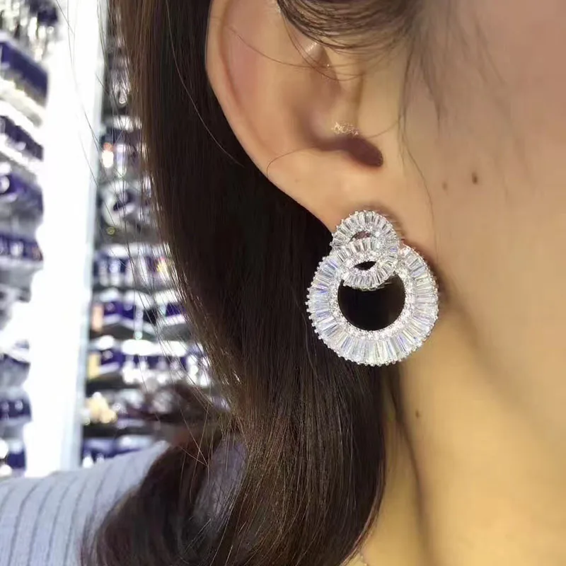 RAKOL блестящий двойной круг круглые серьги с цирконием кубической огранки для