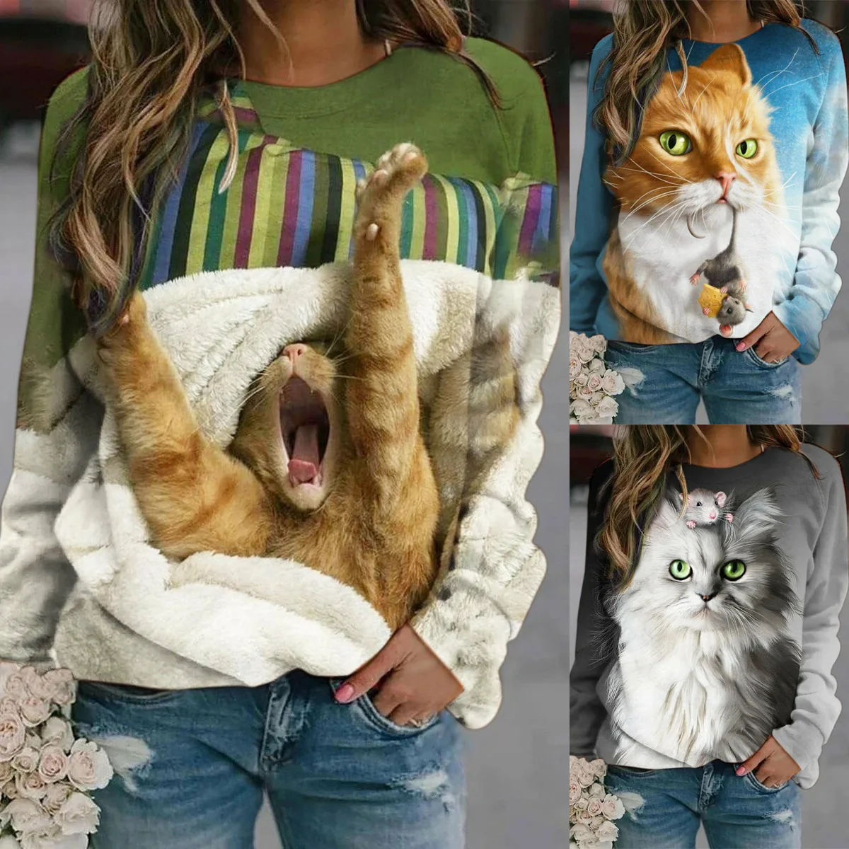 

Newly Mouse And Cat Printed Sweatshirt Long Sleeve Round Neck Loose Type Top for Women S66