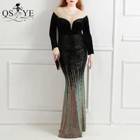 fade sequin black velvet evening dresses mermaid prom gown long sleeves plus size party formal dress fit scoop women black gown