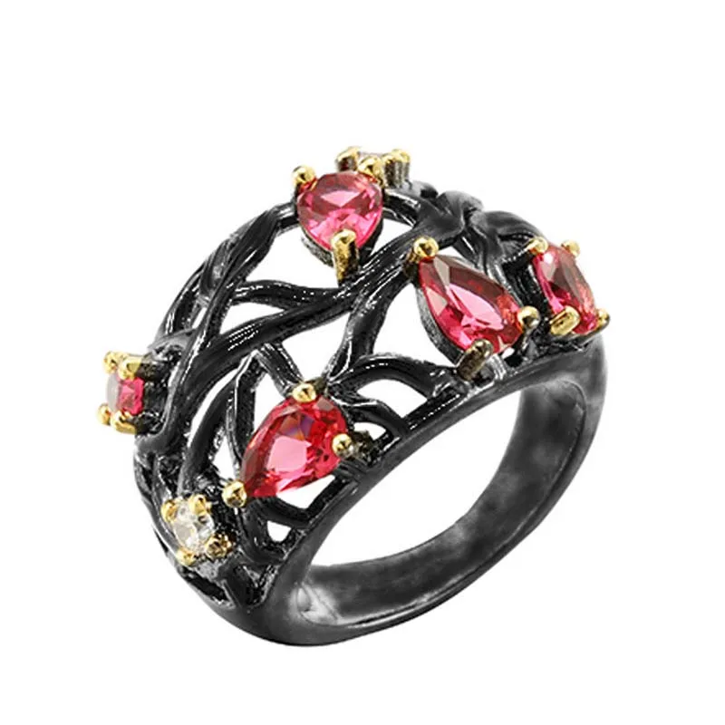 

Vintage Black Gold Accessoires For Women Ruby Red Zircon Crystal Hollow Rings Females Luxury Wedding Costume Jewelry