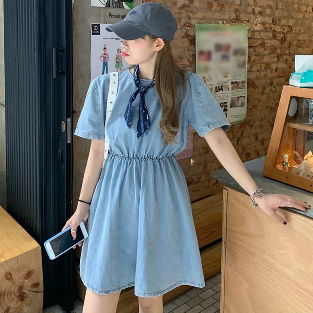 

Japan Style Denim Women's Dress Spring Summer Fashion Temperament Casual Simple Tight Draw Back Round Neck Short Sleeve