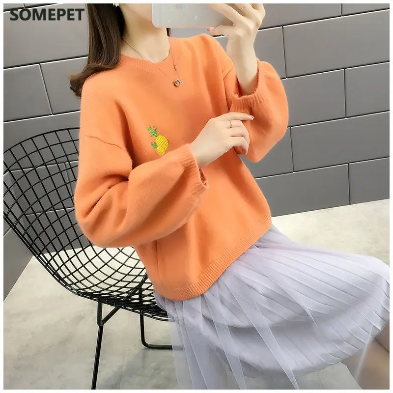 

autumn Sweet fruit embroidery knit sweaters new women's long-sleeved bottoming sweater loose Korean style lazy knitted tops