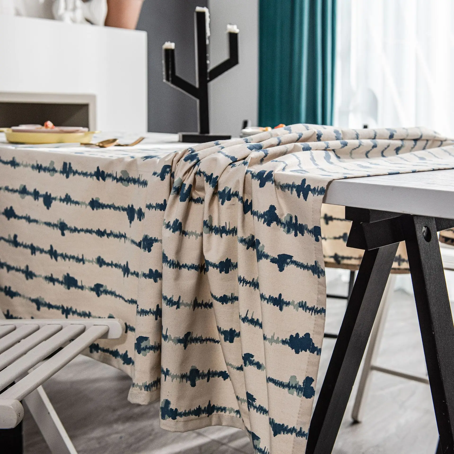 

Nordic Style Cotton Linen Tablecloth for Kitchen Blue Vertical Strip Ripple Dining Table Cloth Rectangle Table Cover for Home